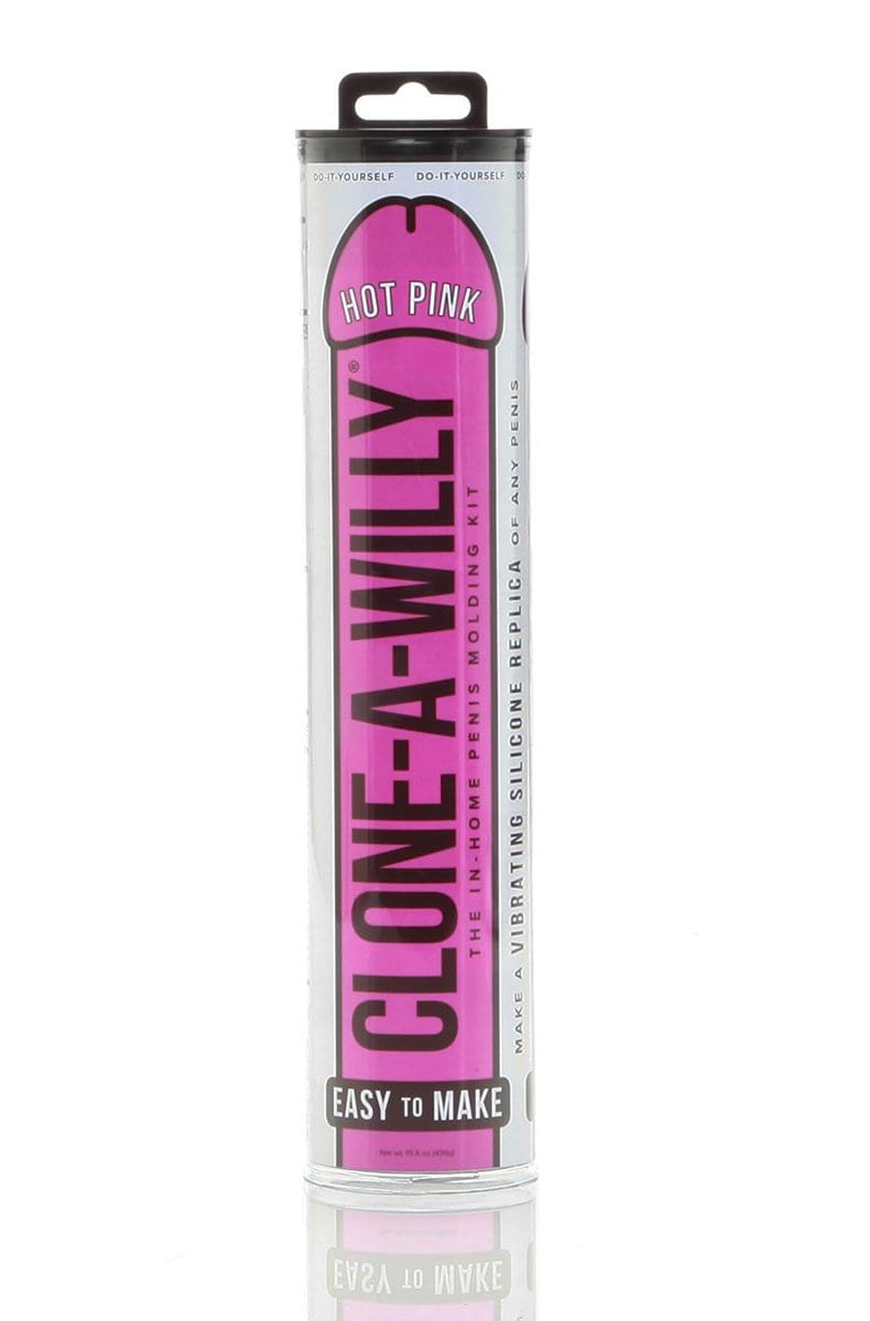 Clone A Willy in Hot Pink retail tube with bright pink label, do-it-yourself top banner, and clear plastic display case.