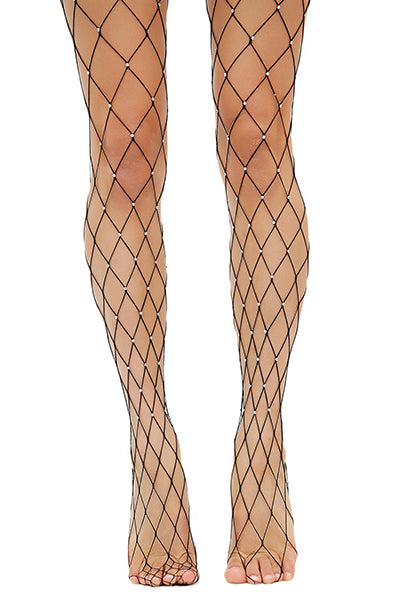 Black wide-diamond fishnet pantyhose with small clear rhinestones secured at every net intersection.