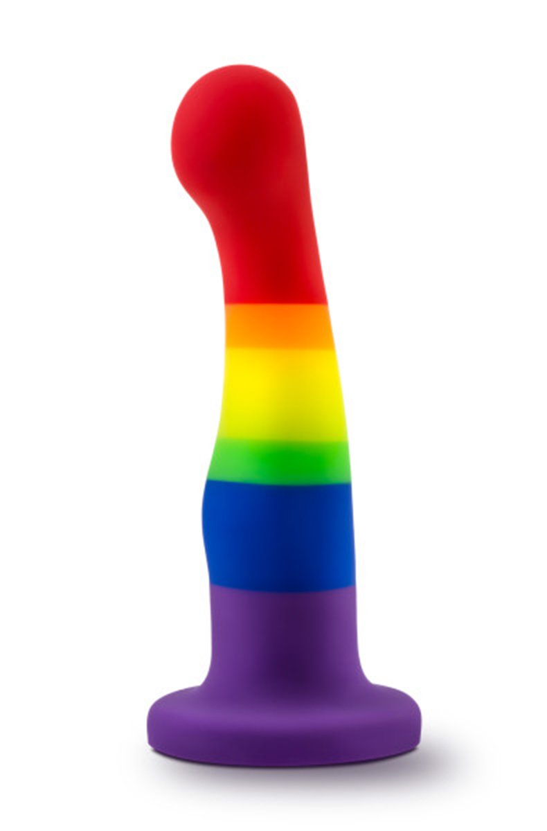 Silicone Pride dildo with a curved red tip, orange-to-blue shaft stripes, and a purple flat suction-cup base.