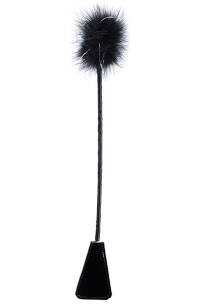 Black marabou feather puff tip on a slim crop with flat tongue base, full length