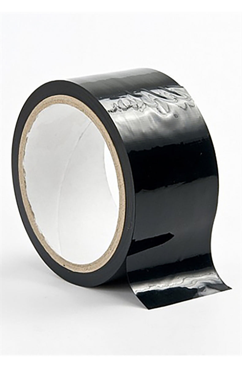 Roll of shiny black PVC bondage tape with a loose tail unrolling from the spool on a white background.