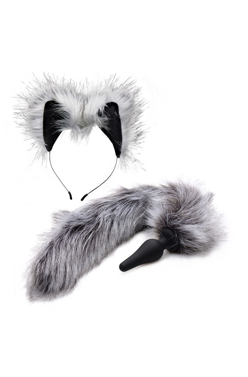 Black silicone tapered wolf-tail butt plug with grey faux fur tail and matching grey-and-white faux fur ears headband.