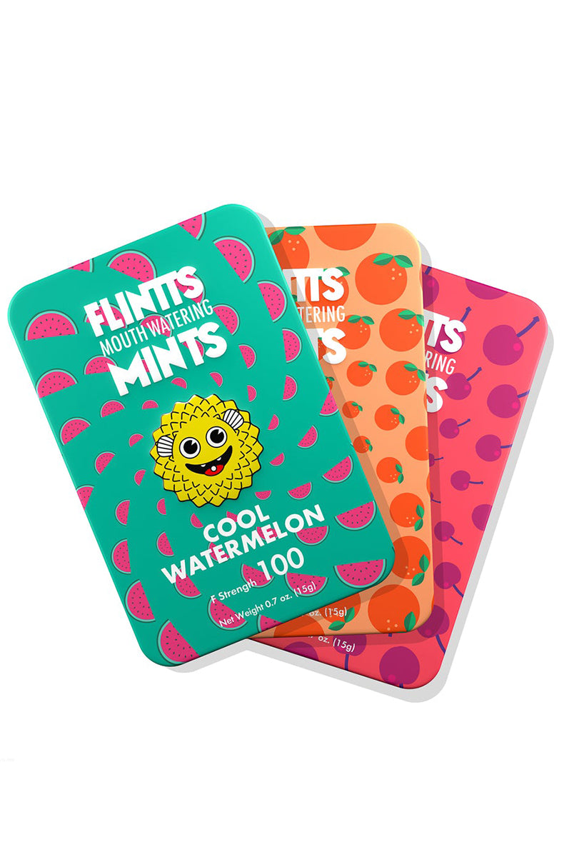 Three Flintts Mouth Watering Mints tins fanned out in teal watermelon, orange and pink cherry