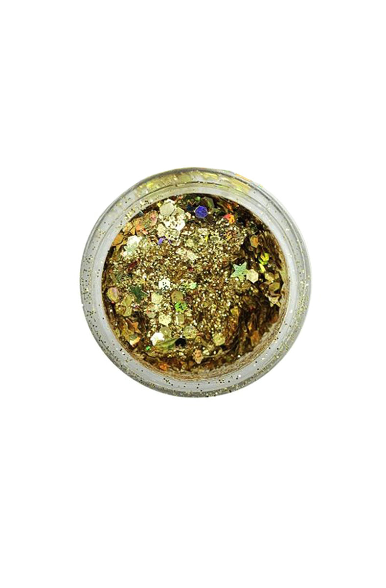 Lunautics Moon Dust Glitter pot in 24kayy, showing warm 24-karat gold chunky cosmetic glitter on a white background.