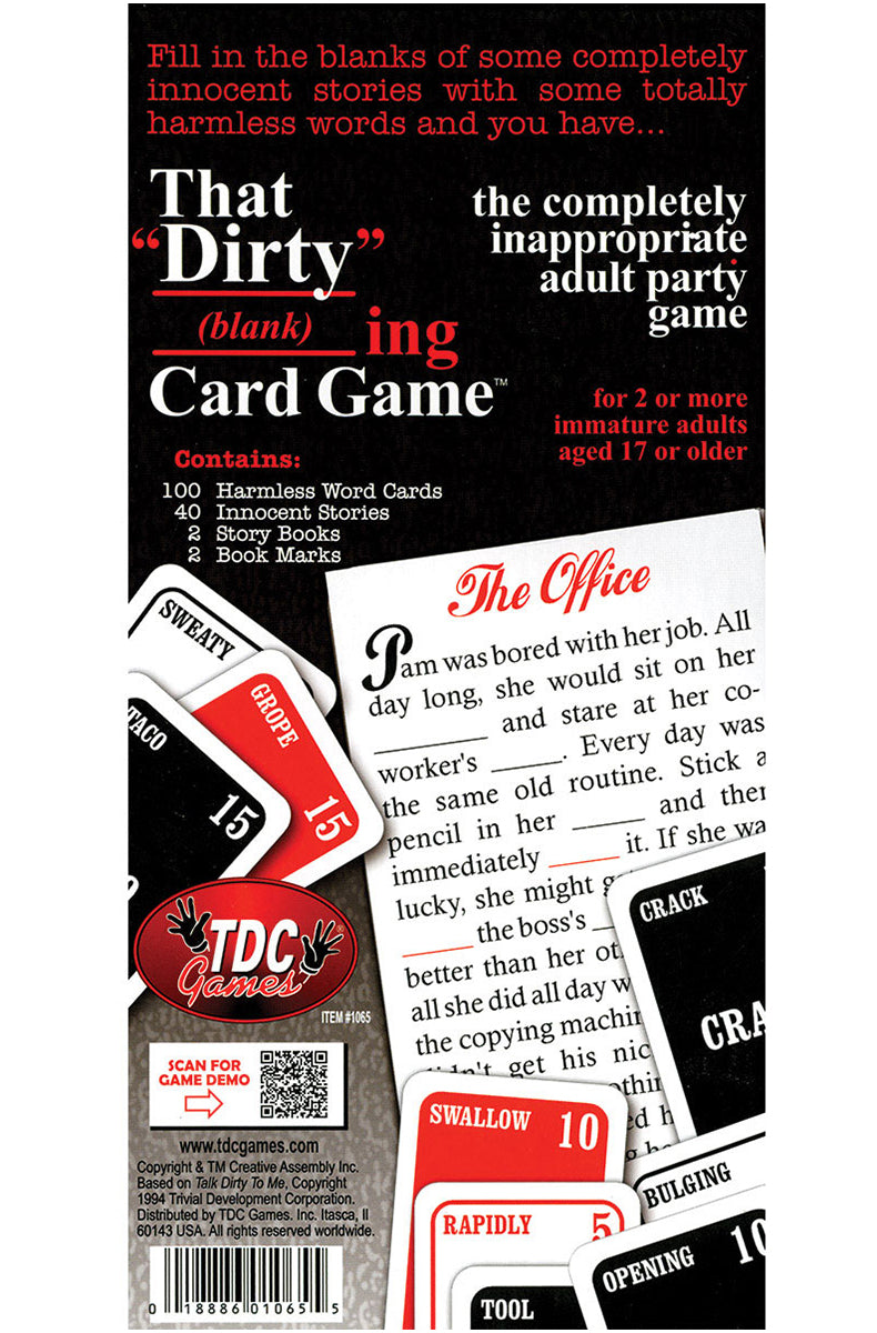 Side view of That Dirty (blank)ing Card Game box showing a stack of word cards and a story booklet.