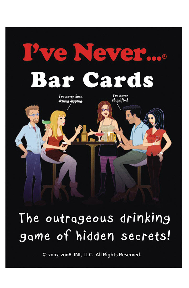 Compact pocket-sized I've Never Bar Cards box with a small stack of printed cards beside it for drinking-game play.