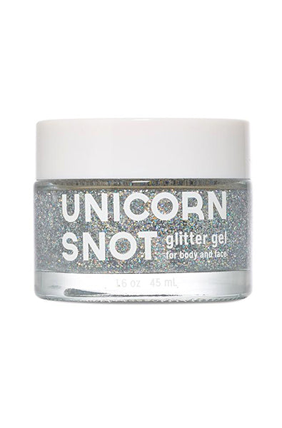 Unicorn Snot Glitter Gel in Silver tube with holographic packaging, on a white background.