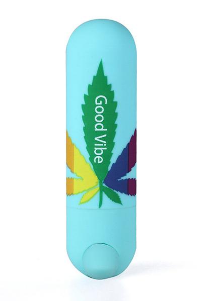 Maia Jessi 420 mini bullet vibrator in teal blue with rainbow cannabis leaf graphic, 3 inches by 0.8 inches.