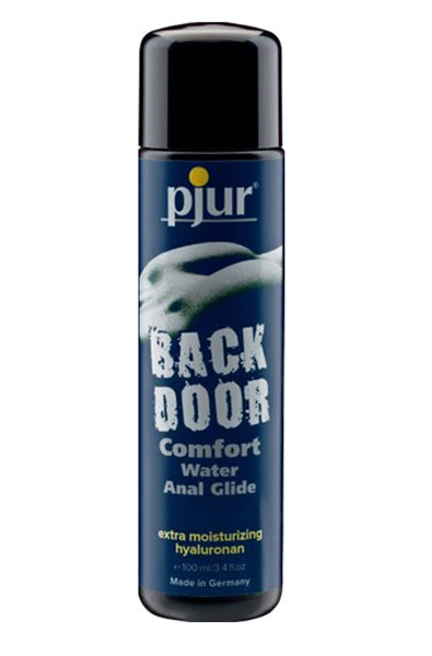 Pjur Back Door water-based anal personal lubricant in a 100ml bottle with hyaluronic acid Pjur label.
