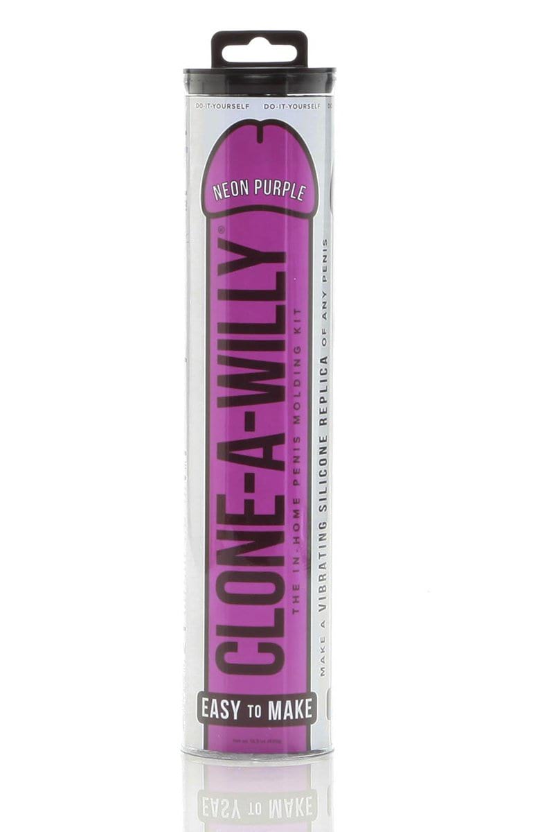 Clone A Willy Neon Purple retail tube with bright purple label, do-it-yourself top banner, clear plastic display case.