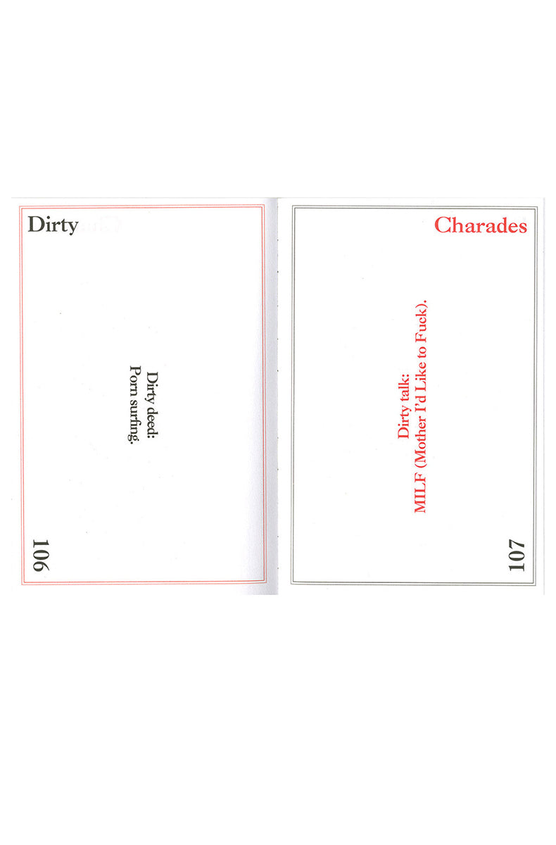 Side view of Dirty Charades Game card deck box showing the fanned cards with adult charades prompts.