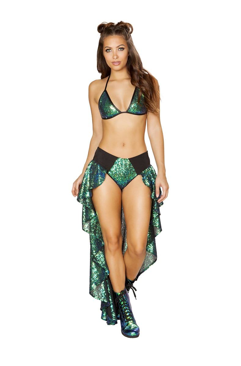 Sequin Shorts with Attached Open Front Skirt in Green