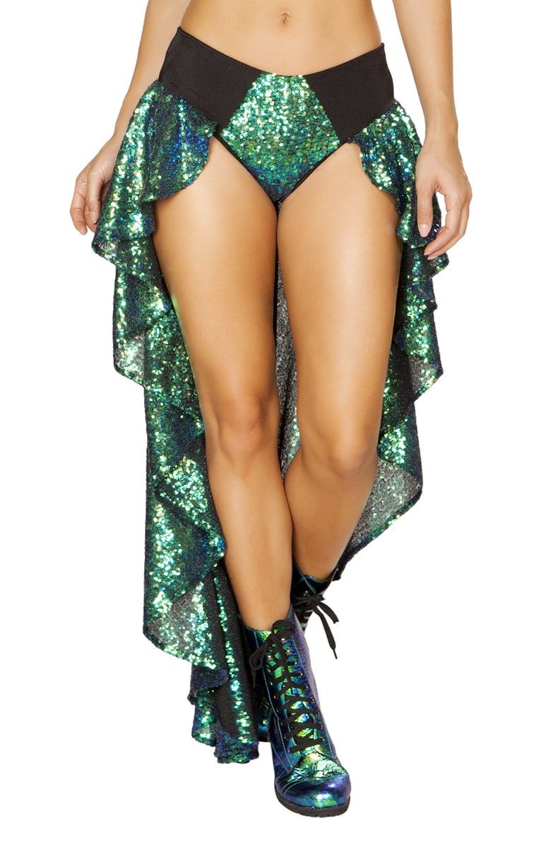 Model wearing high-waist green sequin shorts with attached sequin skirt panels falling from each hip