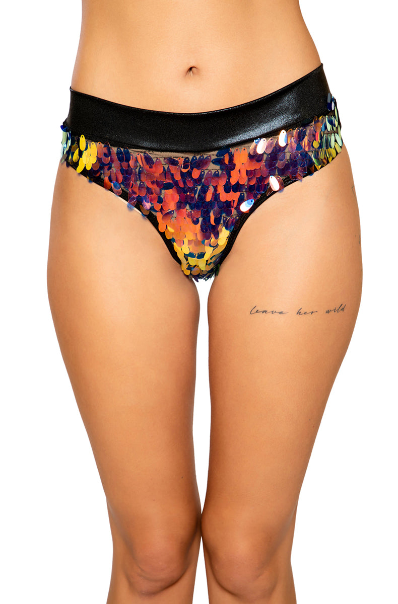 Cheeky shorts in sheer black mesh with rainbow iridescent oil-slick sequins on the front