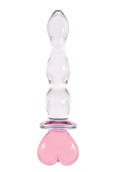 Clear borosilicate glass dildo with three graduated bulbous beads, tapered tip, pink heart-shaped glass base.