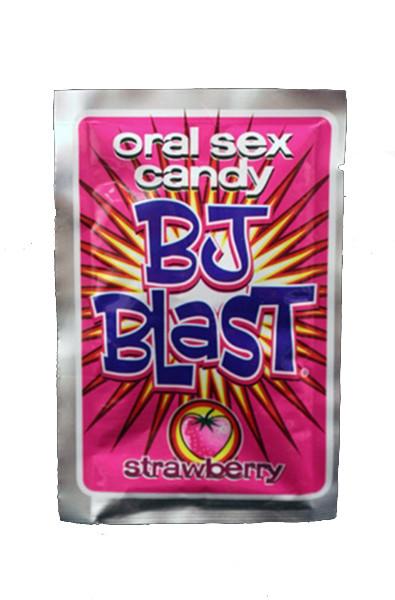 Pink BJ Blast in Strawberry single-use candy packet with bold lettering and a strawberry-themed illustration on the front.