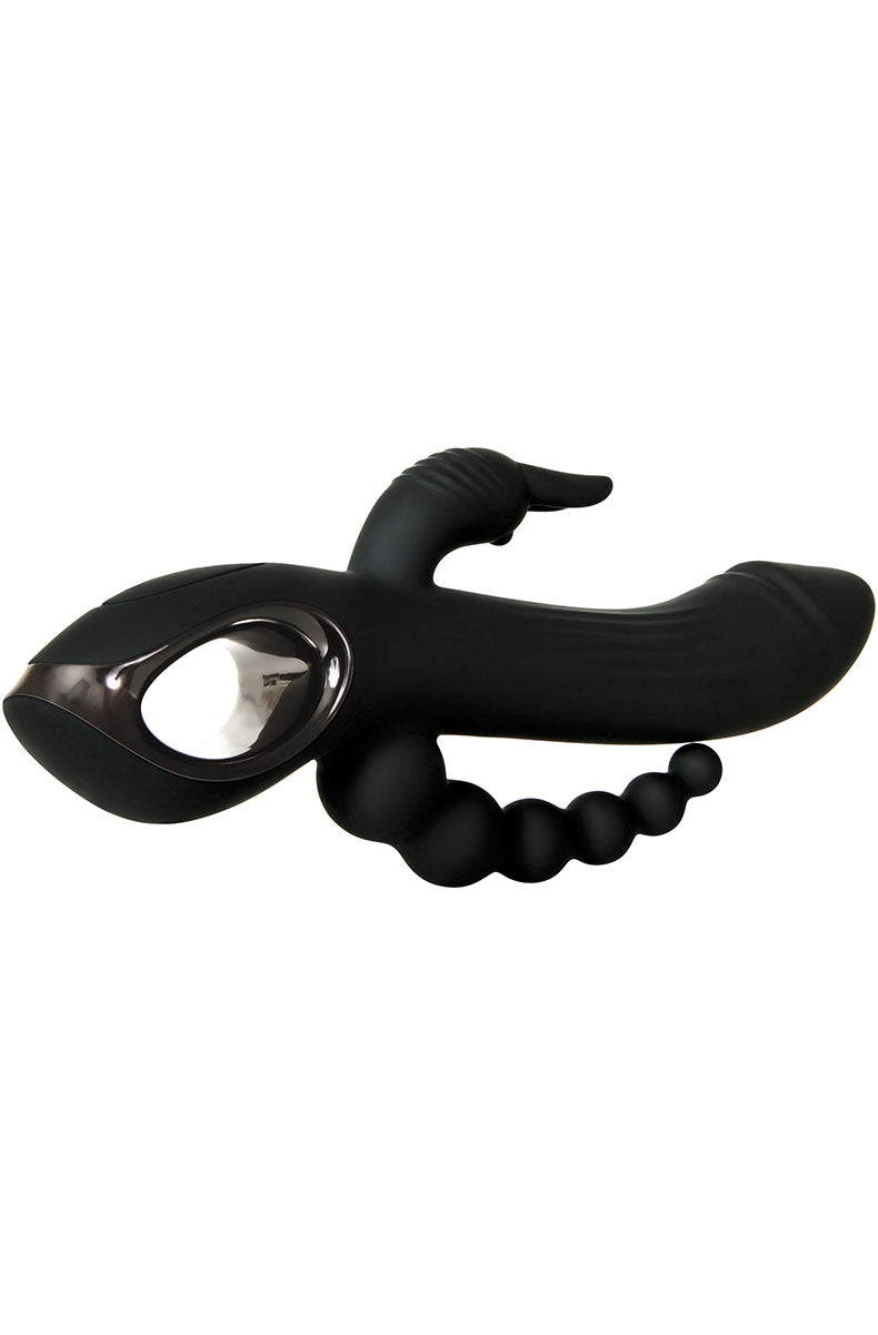 Top view of the Trifecta rabbit vibrator showing the textured phallic head and the clitoral arm position.