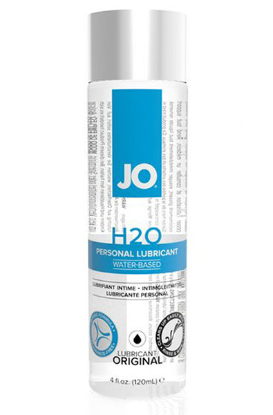 System JO H2O Personal Lubricant in a clear bottle with blue and white label marked Original, water-based, 4 fl oz.