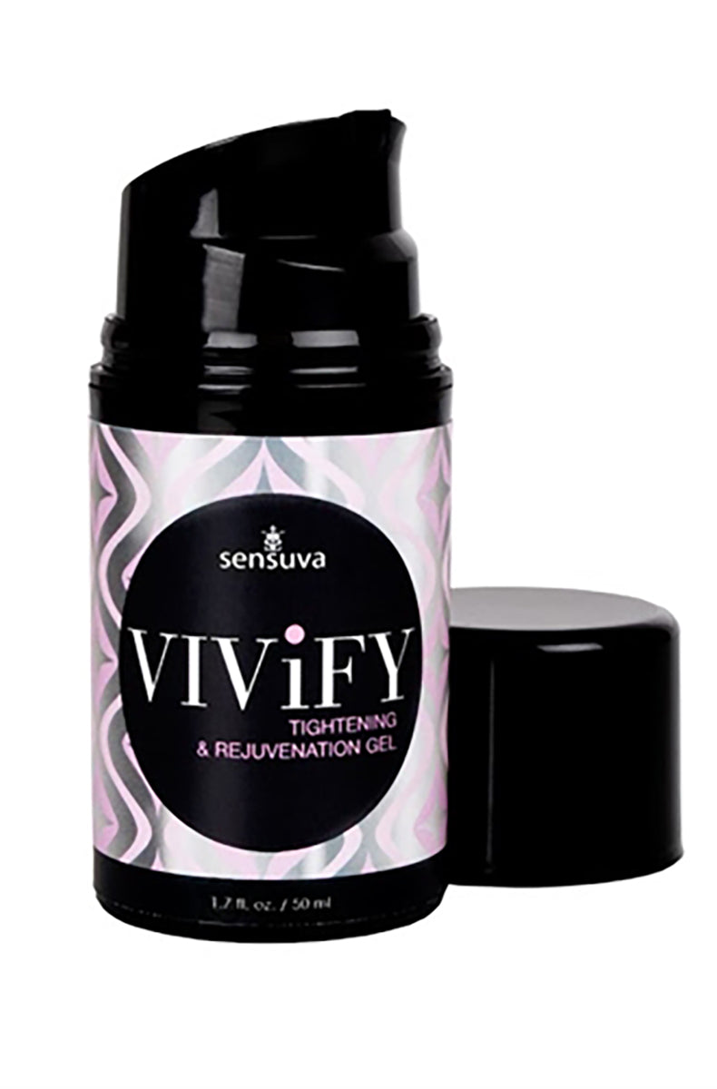 Sensuva Vivify Tightening Gel in a 1.7 fl oz black airless pump bottle with a pink and white label.