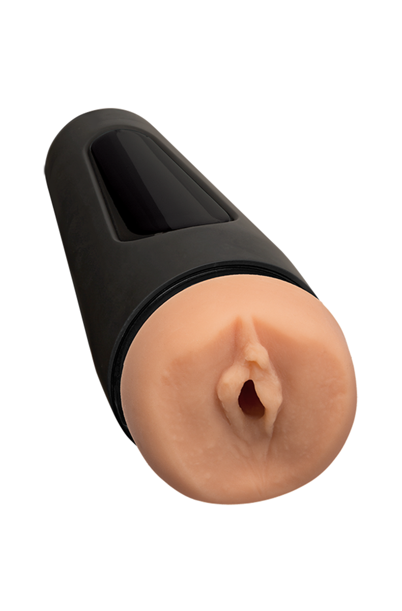Main Squeeze stroker close-up of the beige Ultraskyn sleeve opening shaped like a realistic pussy.