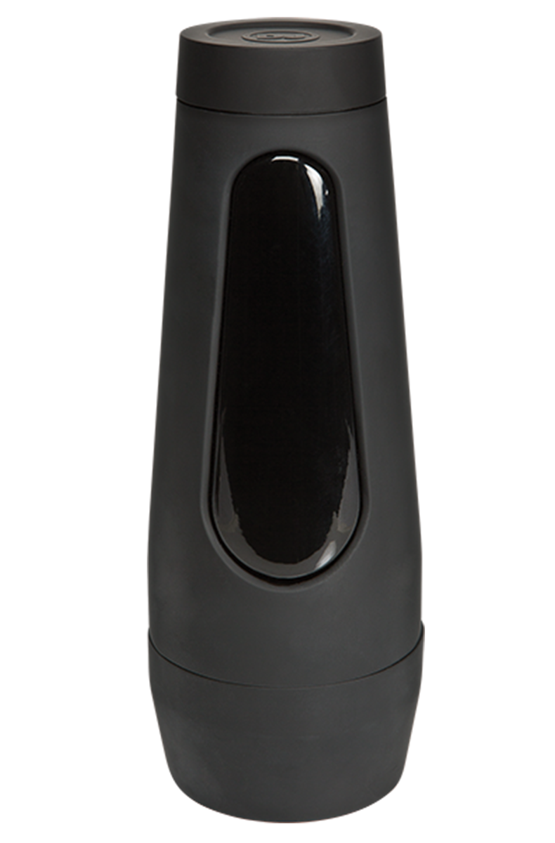Main Squeeze Original Pussy Vanilla Beige stroker out of the box, black canister with beige Ultraskyn pussy entry on top.