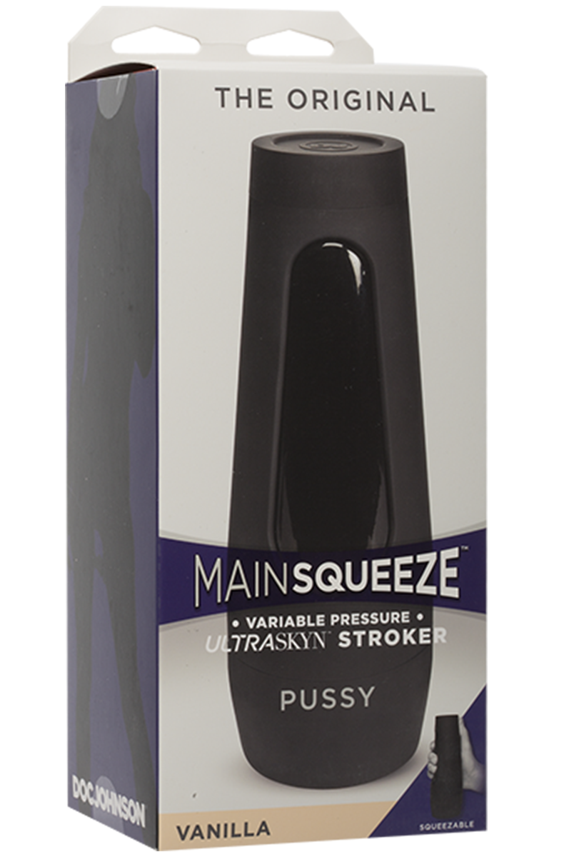 Doc Johnson Main Squeeze The Original Pussy Vanilla Beige Stroker product packaging showing the black hard-shell canister.