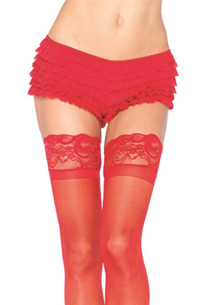 Red multi-tier lace ruffle tanga shorts with cascading ruffles down the back from waist to hem.