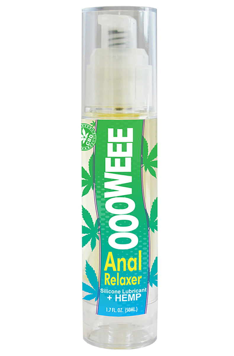 Clear OOOWEE Anal Relaxer pump bottle with green hemp leaf label and CBD logo, 1.7 fl oz