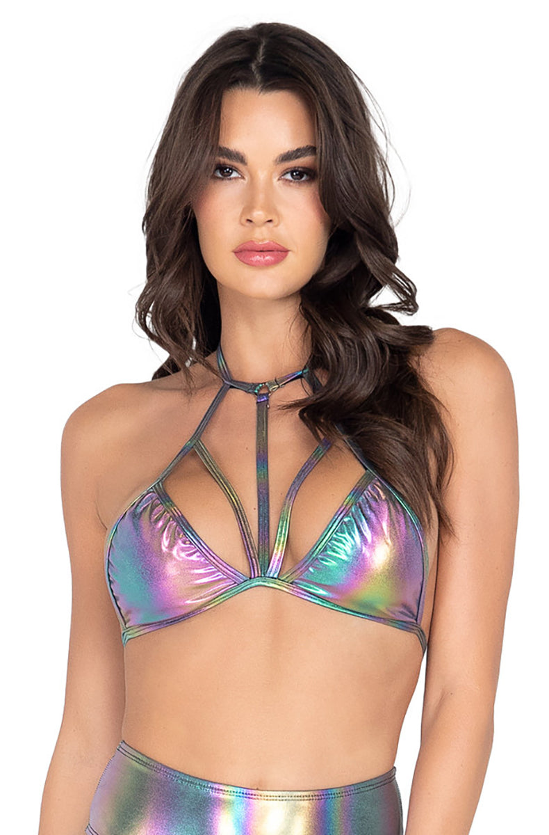 Model wearing oil-slick holographic halter triangle top with strappy under-bust banding