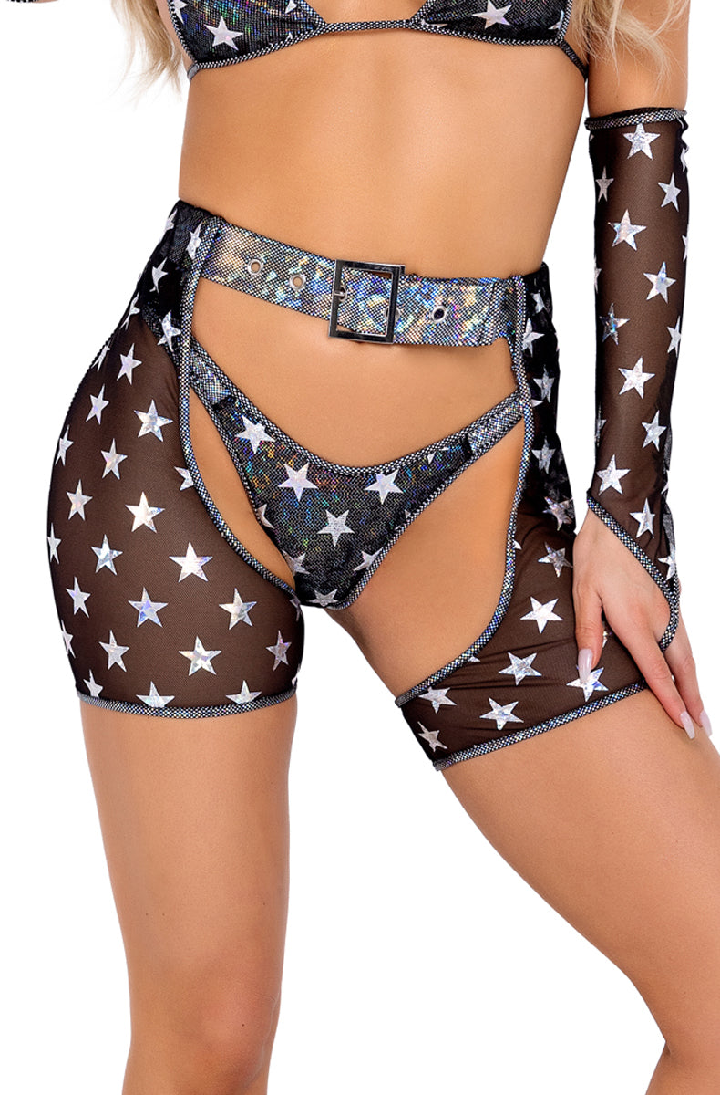 Sheer black mesh chaps with silver star print and an adjustable holographic belt at the waist
