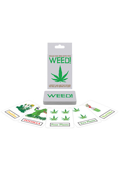 Weed Card Game box and stack of strategy plant cards and character cards laid out for 2 to 8 player tabletop play.