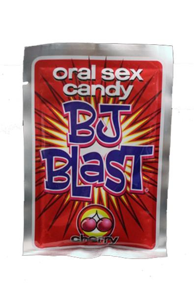 Red BJ Blast in Cherry single-use candy packet with bold lettering and a cherry-themed illustration on the front.
