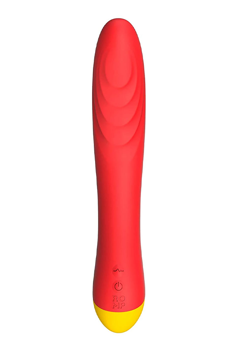 Bright red Romp Hype silicone G-spot vibrator with a curved bulbous tip, ribbed detail, and a yellow accent base, front view.