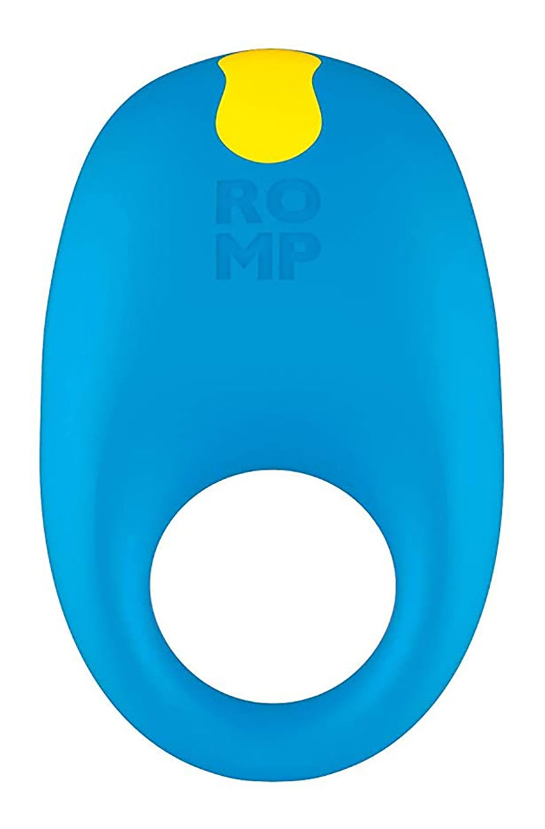 Bright blue Romp Juke silicone vibrating cock ring with a flat ergonomic top, single ring opening, and yellow control button.