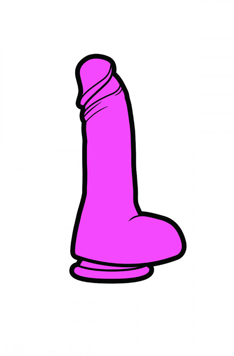 Hot-pink enamel pin shaped like a small dildo with darker pink shading lines, attached to a denim jacket pocket.