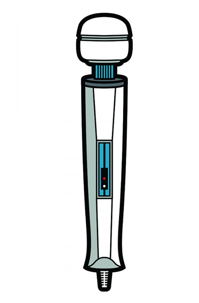 White enamel pin shaped like a classic magic-wand-style massager with a teal control window mid-handle, attached to a denim jacket pocket.