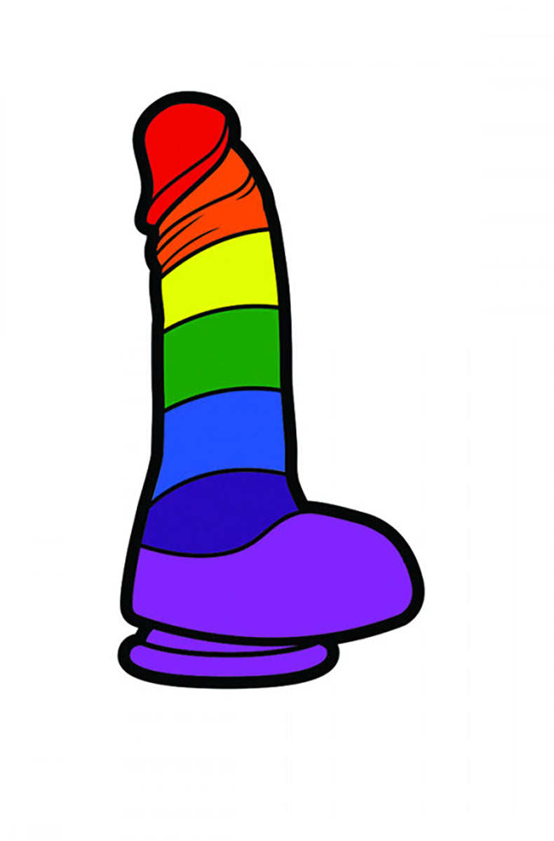 Pride-rainbow striped dildo enamel pin with red orange yellow green blue indigo bands and a purple base, attached to a denim jacket pocket.