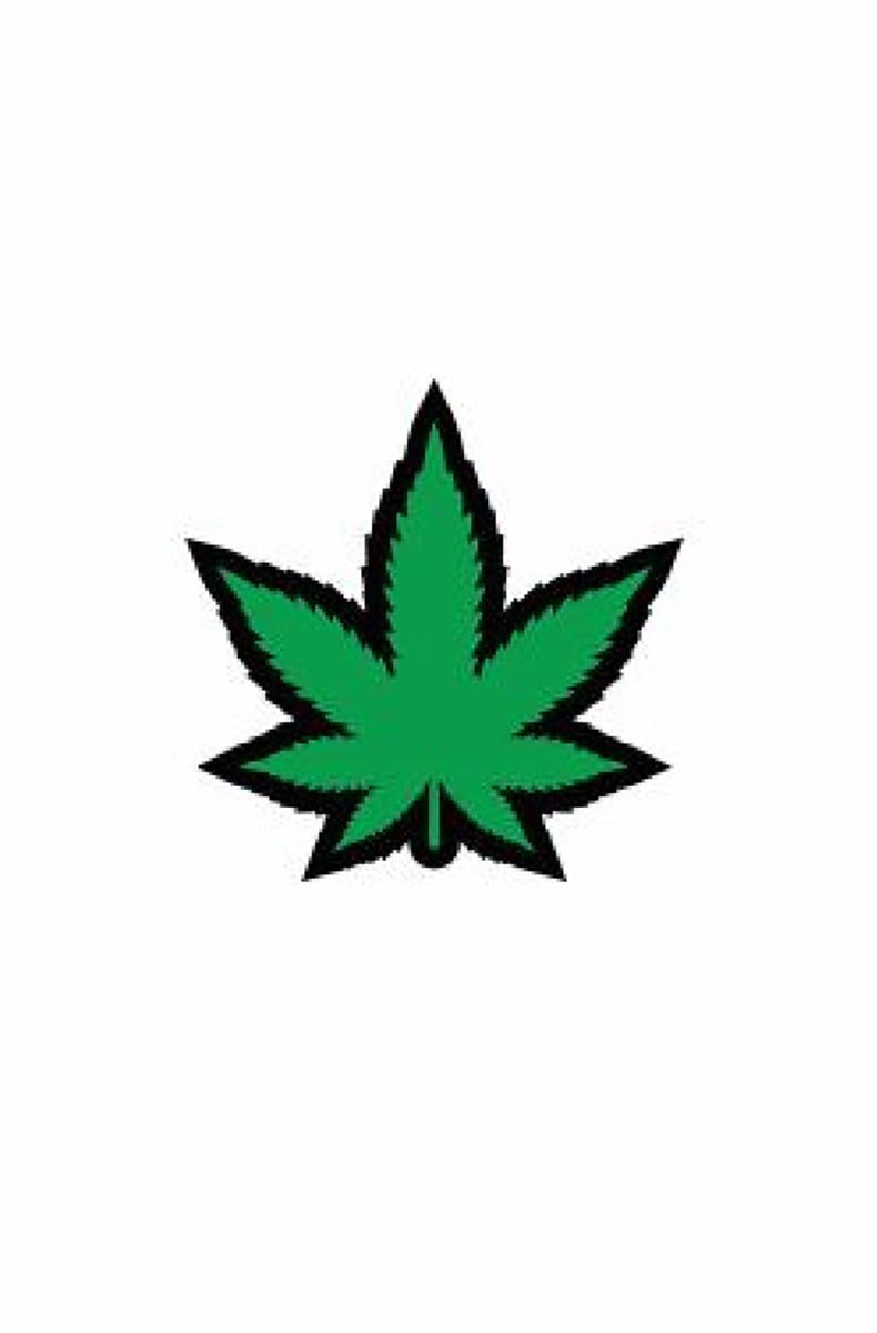 Bright green cannabis leaf enamel pin with glossy black outline, attached to a denim jacket pocket.