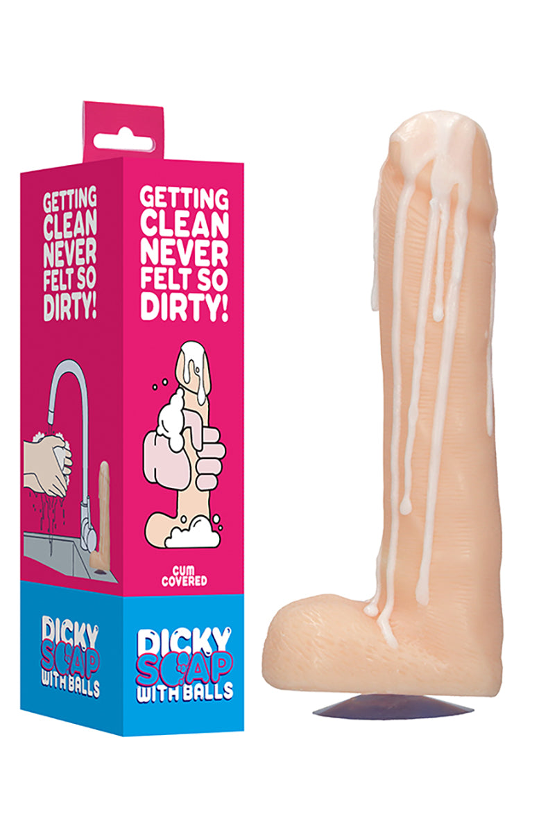 Flesh-tone vanilla phallus soap bar with sculpted veins and a ball base, shown front on a white background.