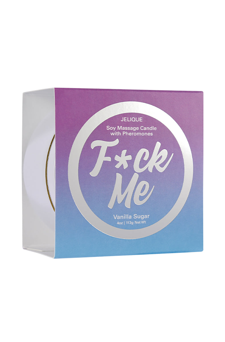jelique Fuck Me Pheromone Massage Candle jar with black label and Vanilla Sugar scent description, on a white background.