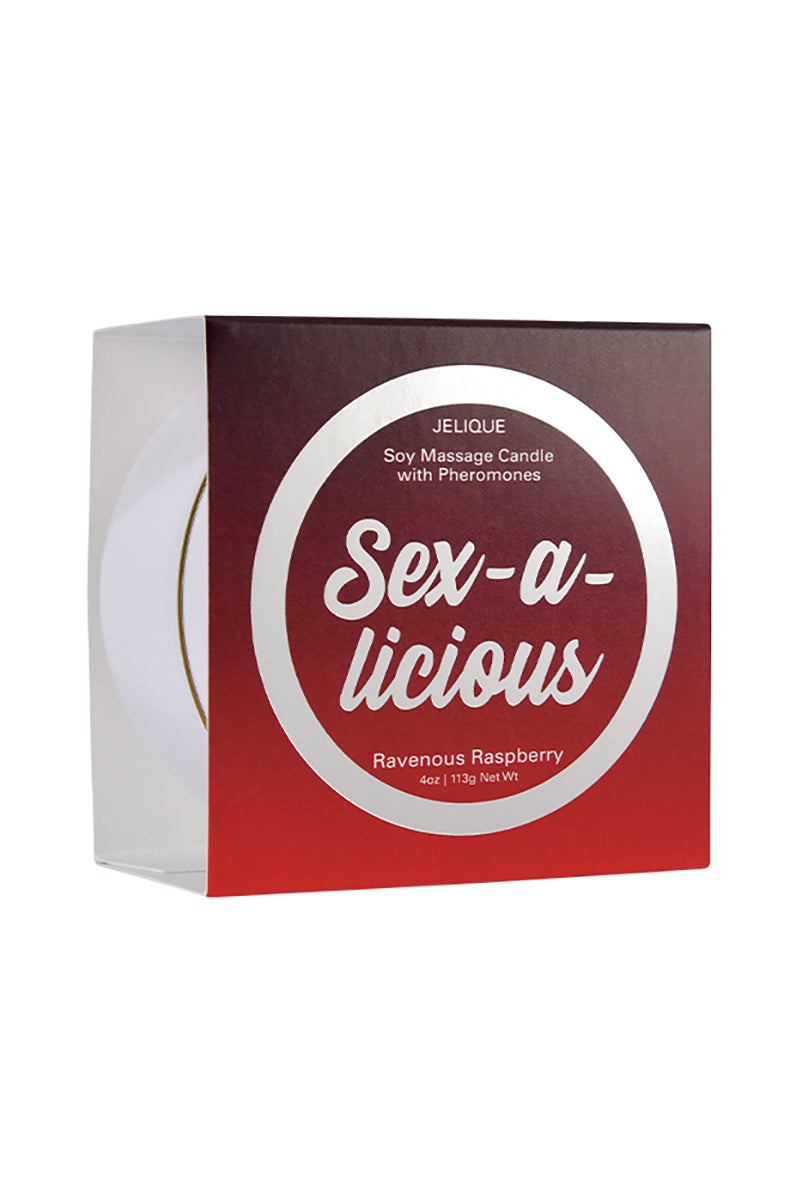 jelique Sex-A-Licious Pheromone Massage Candle jar with Ravenous Raspberry scent label, on a white background.