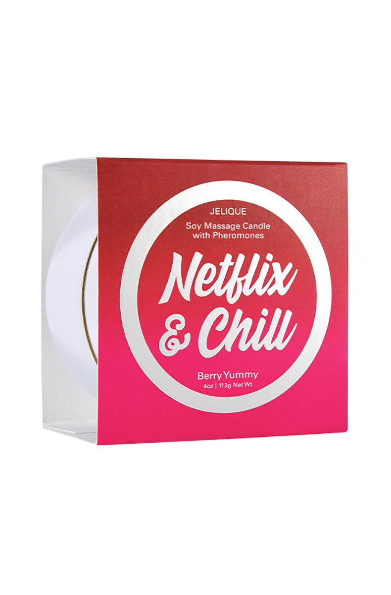 jelique Netflix and Chill Massage Candle jar with black label and Berry scent description, on a white background.