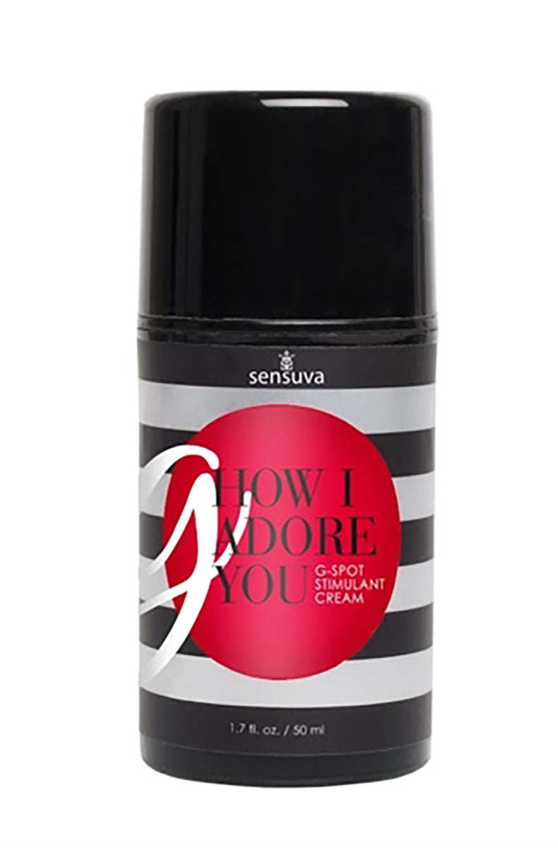 Black and white striped 1.7 fl oz pump bottle of Sensuva How I Adore You G-Spot Stimulant Cream with a red label graphic.