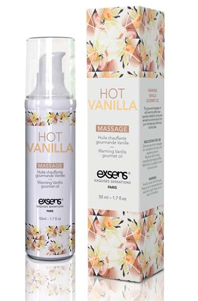 EXSENS of Paris Warming Massage Oil in Hot Vanilla 50ml airless bottle on a white background.