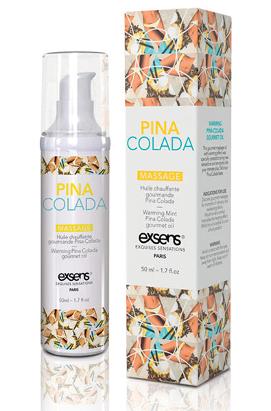 EXSENS of Paris Warming Massage Oil in Pina Colada 50ml airless bottle on a white background.