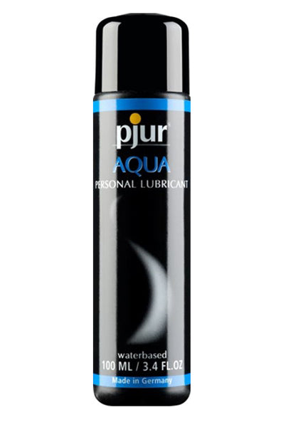 Pjur Aqua water-based personal lubricant in a 100ml bottle with white and blue Pjur label.