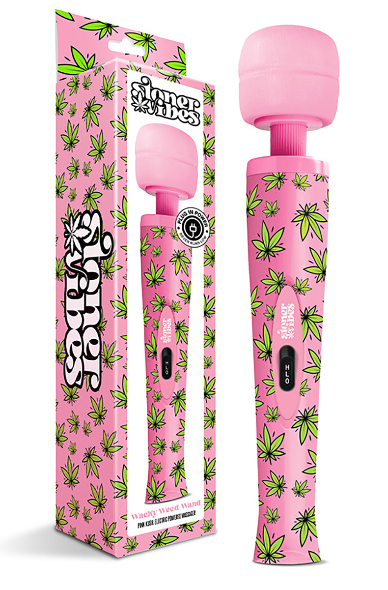 Stoner Vibes weed wand vibrator shown with the cord coiled, full body view of the wand and the soft head.
