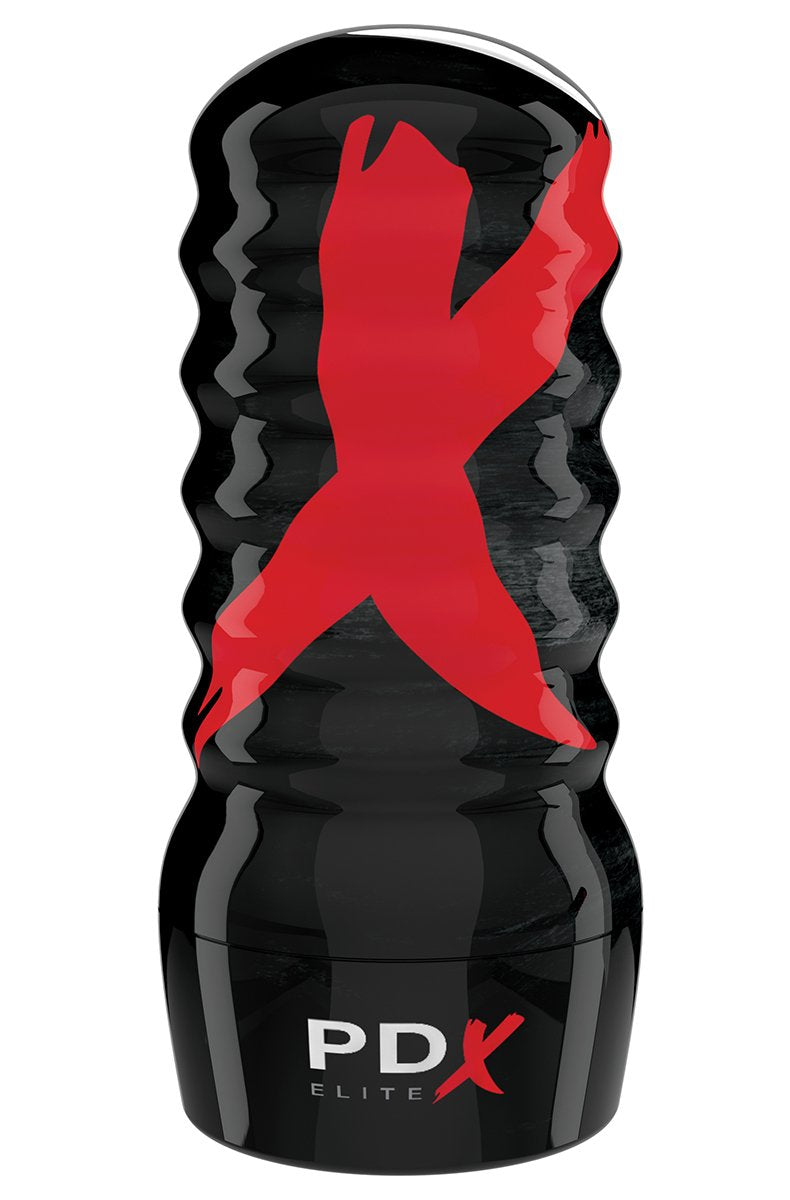 PDX Elite Air-Tight Pocket Pussy Stroker hard black case with red X logo, ribbed grip exterior, sleeve opening at top.