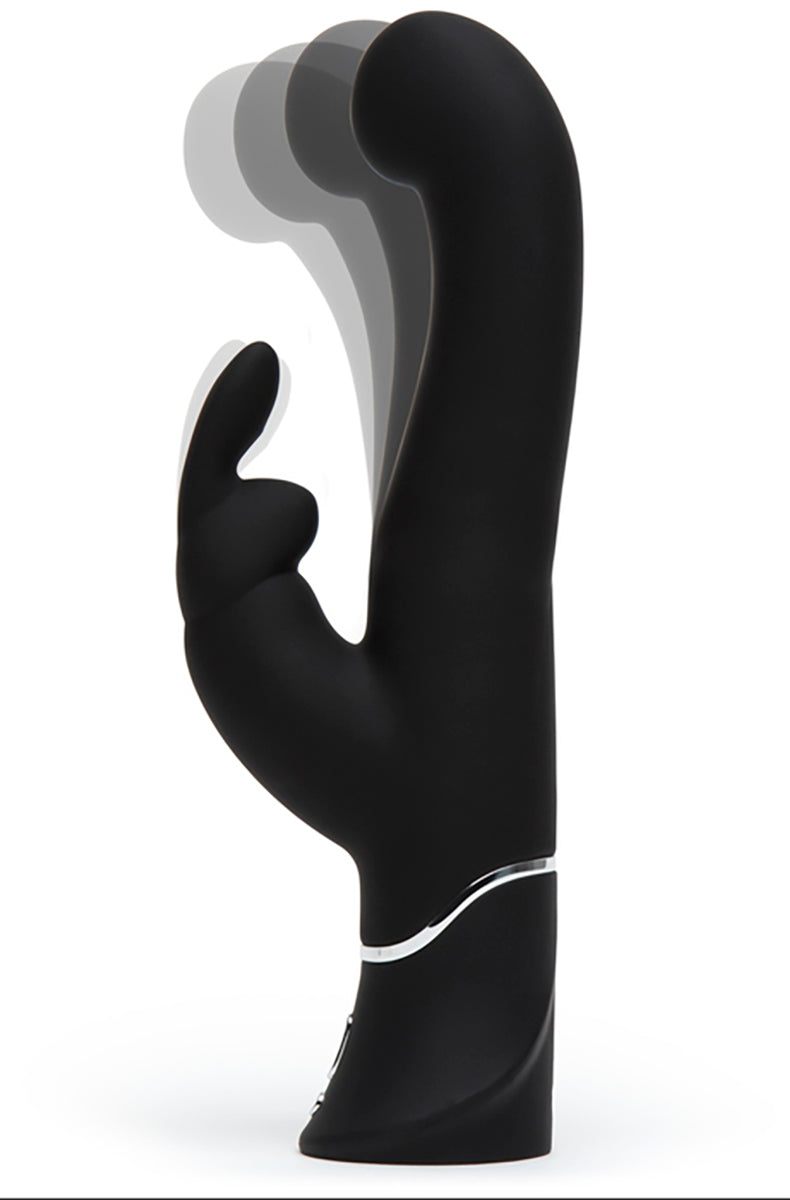 Side view of the black Happy Rabbit G-Spot vibrator showing the curved shaft with bulbous tip and the rabbit ears.