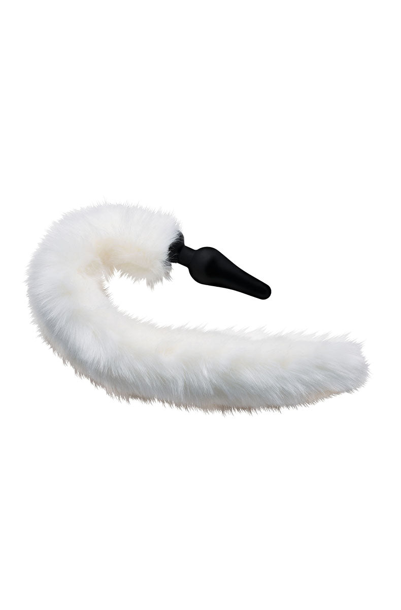 Detail view of the flared base of the black silicone plug where the white faux fur fox tail attaches.